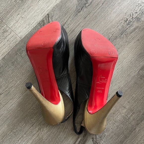 Christian Louboutin Black Gold Leather Slingback Peep Toe Pumps Size 39.5EU - Picture 7 of 13